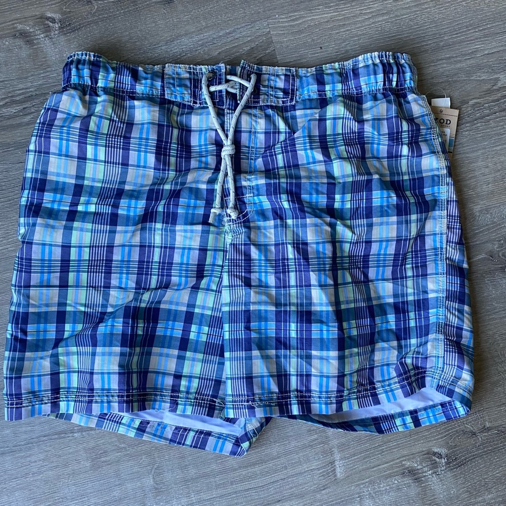 NWT Mens Blue Plaid Izod Swim Tunks, Large